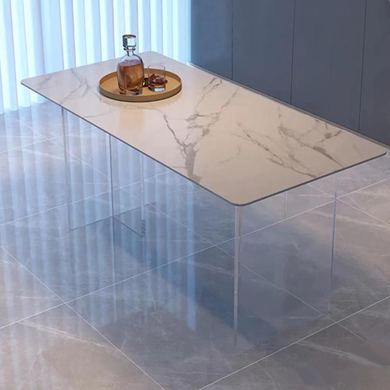 Rectangular Stone Dining Table Modern White Furniture with Acrylic Double Pedestal
