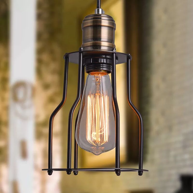 Single-Bulb Drop Pendant Warehouse Caged Metal Suspended Lighting Fixture in Black