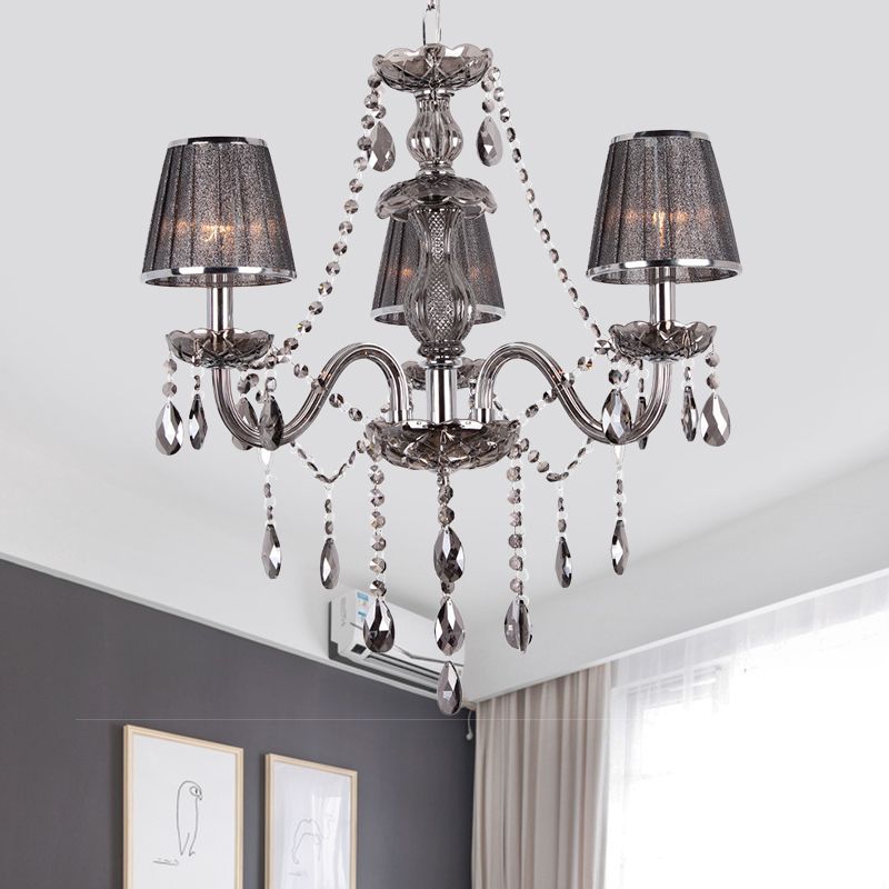 Candelabra Ceiling Chandelier Contemporary 3-Head Crystal Suspension Lighting with Fabric Shade in Grey