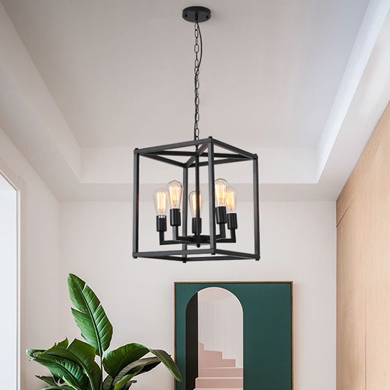 Zwarte kooi hangende lamp industrieel retro metalen diner hanger kroonluchter in vierkante vorm