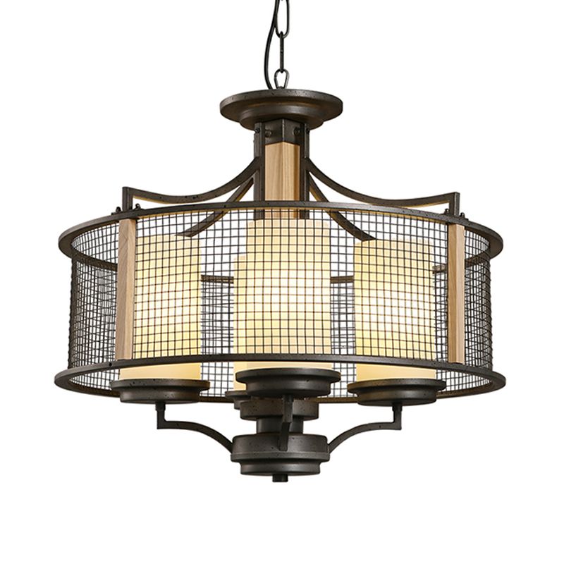 Zwarte cilinderhangende kroonluchter traditionele stijl matig glas 4 koppen woonkamer hanglampje lichtkit met drumkooi