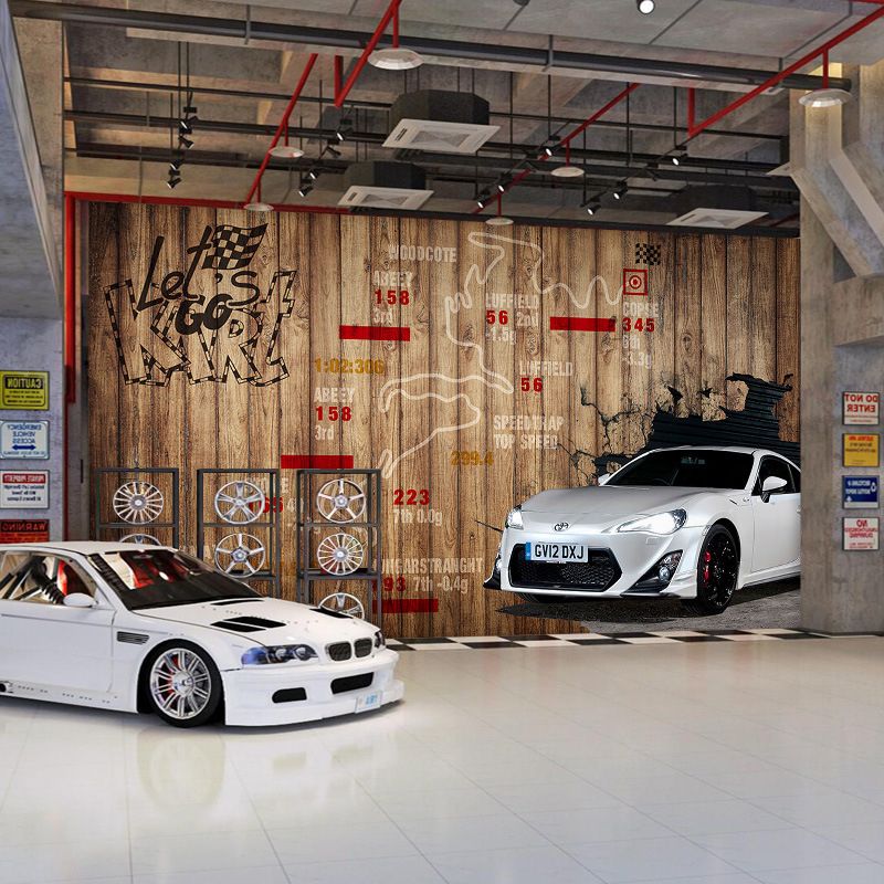 Yellow Wood and Car Mural Wallpaper Water-Resistant Wall Covering for Home Decoration