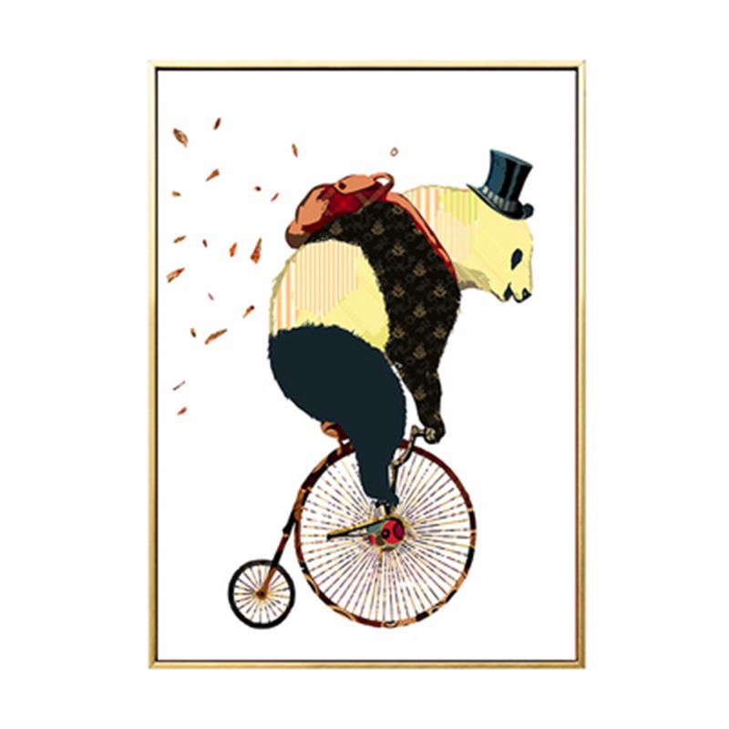 Illustrated Panda Riding Wall Art Kids Cool Animal Canvas in Dark Color for Bedroom