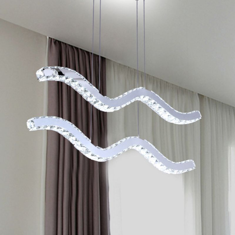 Wavy Crystal Strip Island Pendant Minimalistic Office LED Hanging Light Fixture in Stainless Steel