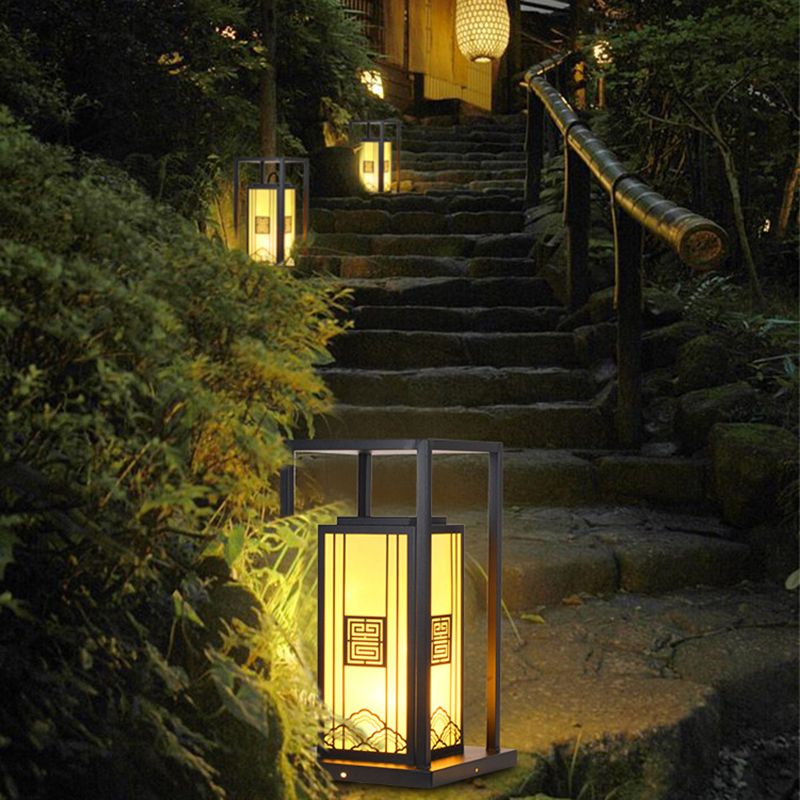Contemporary Metal Pillar Lamp Rectangle Shape Outdoor Waterproof Light with Stone Shade