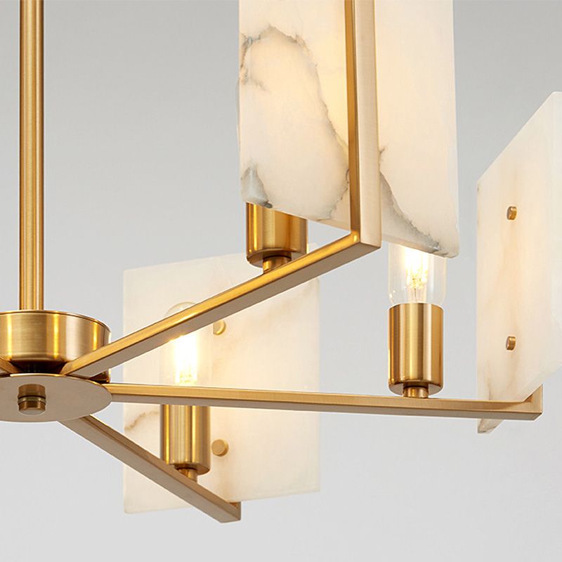 6 Lights Chandelier Pendant Light Colonial Expose Bulb Metal Suspension Lamp in Gold with Rectangle Marble Panel