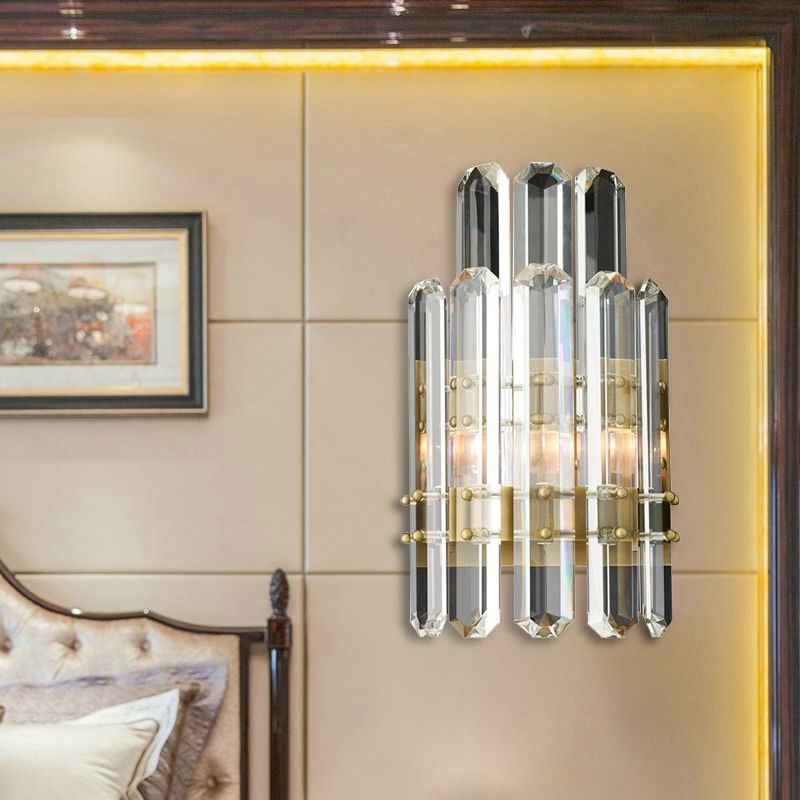 1/2-Bulb Bedside Wall Sconce Contemporary Style Chrome/Gold Wall Mounted Lamp with Clear Crystal Prism
