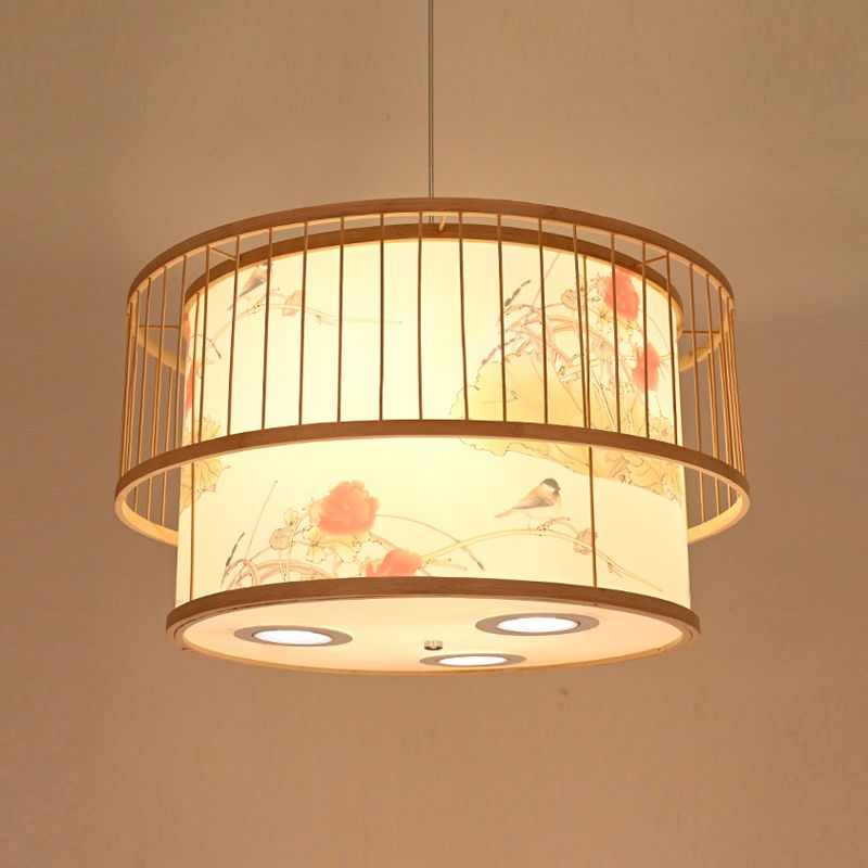 Asian Style Restaurant Pendant Light Cylindrical Bamboo Drop Lamp with Printed Shade