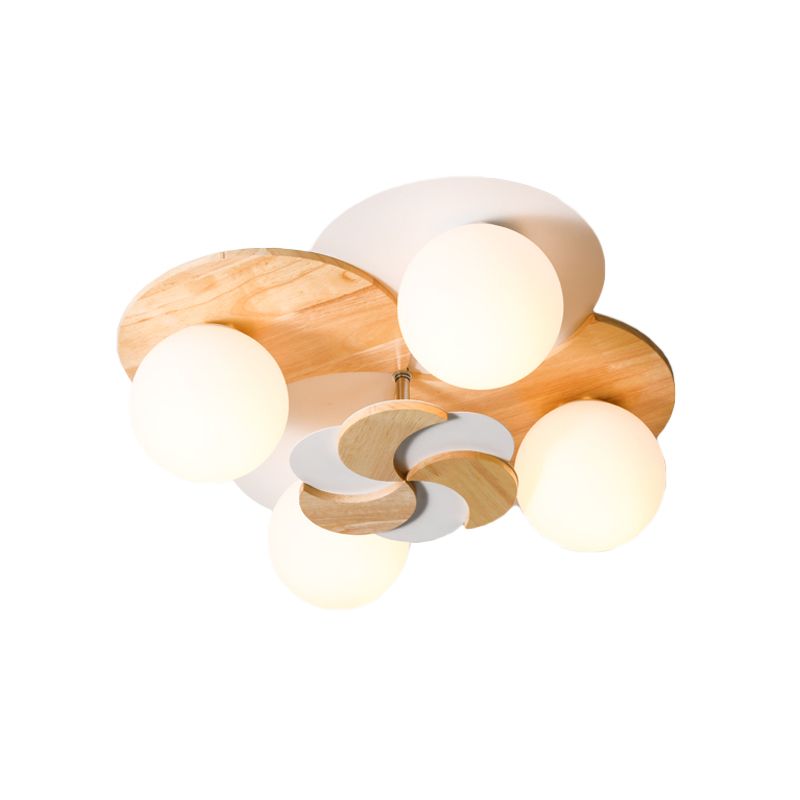 Nordic Windmill Wood Semi-Flush Mount Lighting 4 Bulbs Ceiling Fixture for Bedroom in Green/White