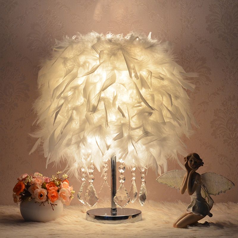 Modernist Cylinder Night Light Feather Single Bedroom Table Lamp in Pink/Peach Red/White with Crystal Strand