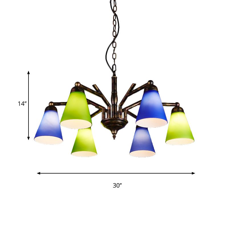 Rust Tapered Shade Chandelier 6 Lights Retro Metal Hanging Light for Restaurant