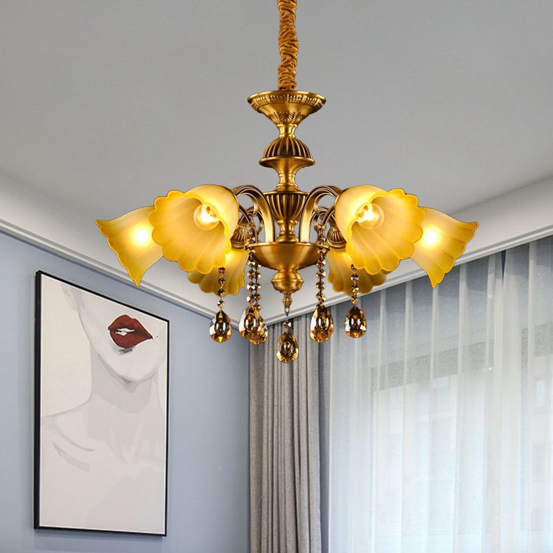 Floral Shade Hanging Chandelier European 6 Bulbs Glass Hanging Pendant Light in Brass