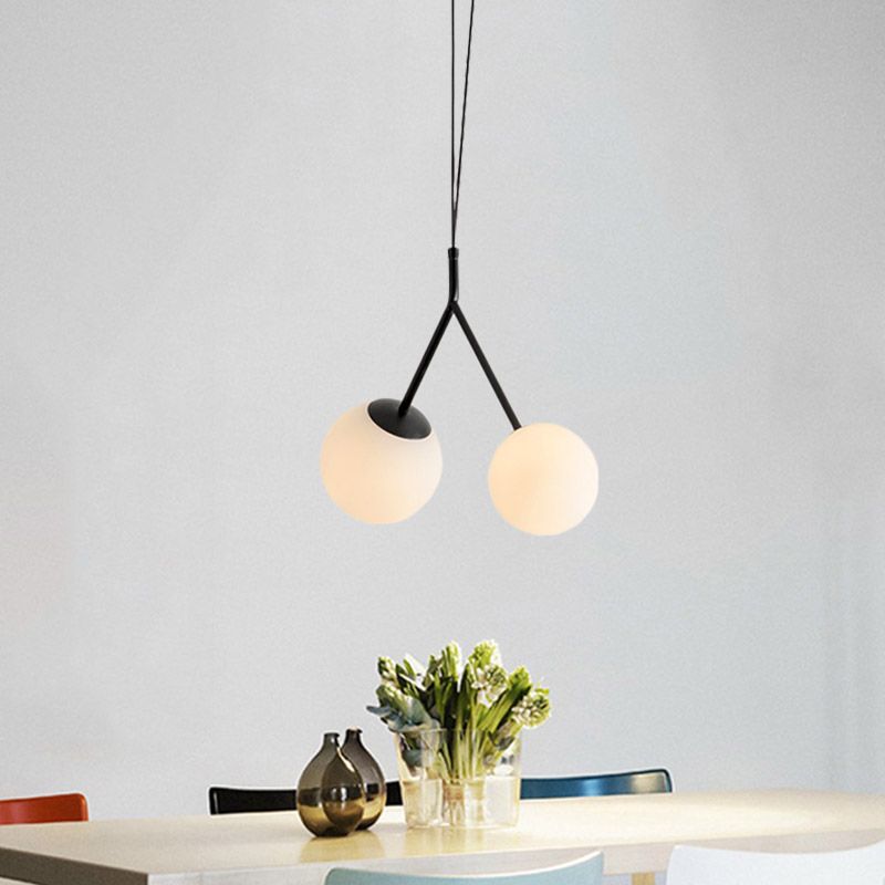 Wit glas Furcated Drop Lamp Minimalistisch 2 Lichten Zwart Kroonluchter Hanglamp