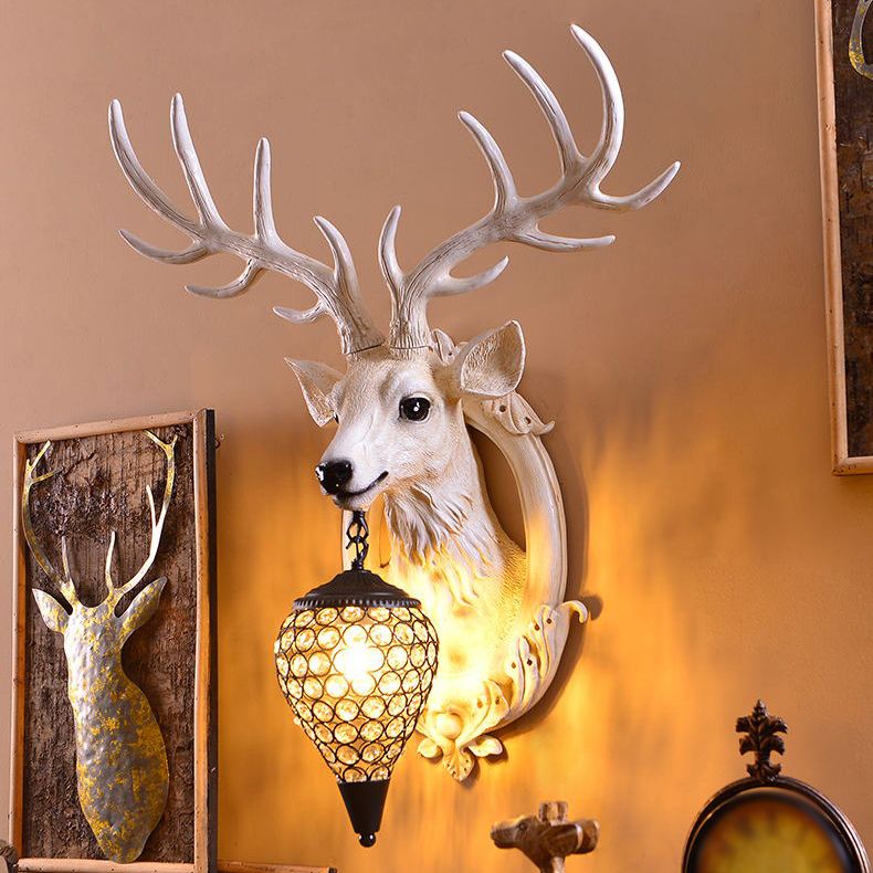 Resin Deer Wall Sconce Lamp Decorative 1-Light Crystal Wall Light for Living Room