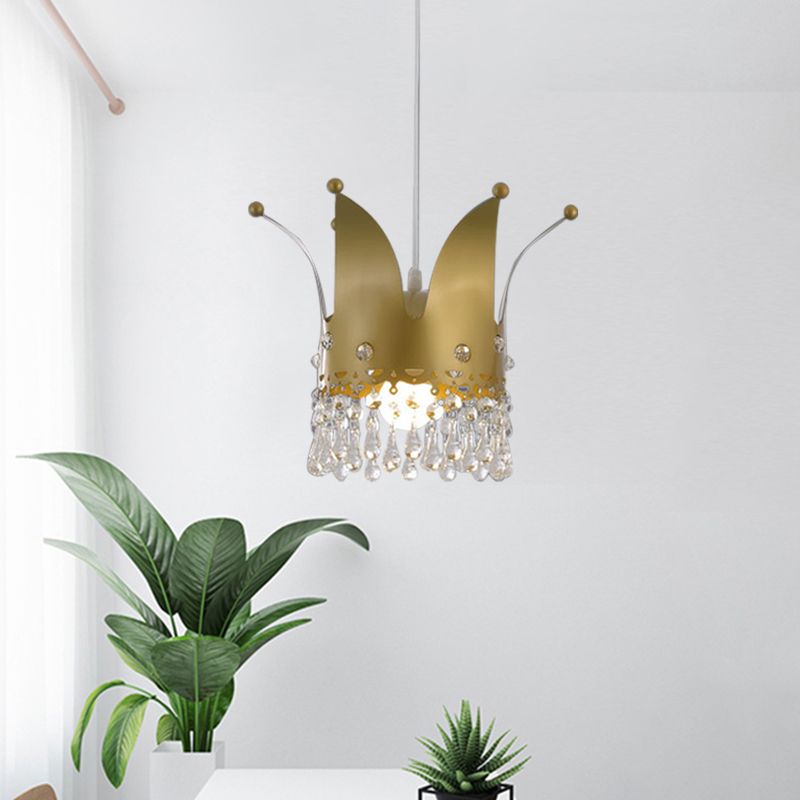 Modernist Crown Down Lighting Iron 1 Bulb Bedroom Hanging Lamp in Gold with Crystal Drop