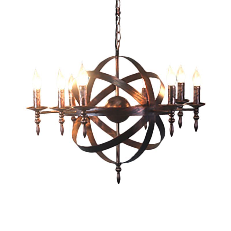 Candle Metallic Chandelier Light Fixture with Spherical Cage Shade Vintage 6/8 Heads Restaurant Ceiling Light in Black/Rust