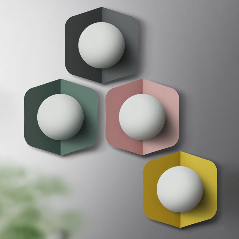 Metal Hexagonal Sconce Fixture Macaron Single Wall Mount Light with Ball Opaline Glass Shade