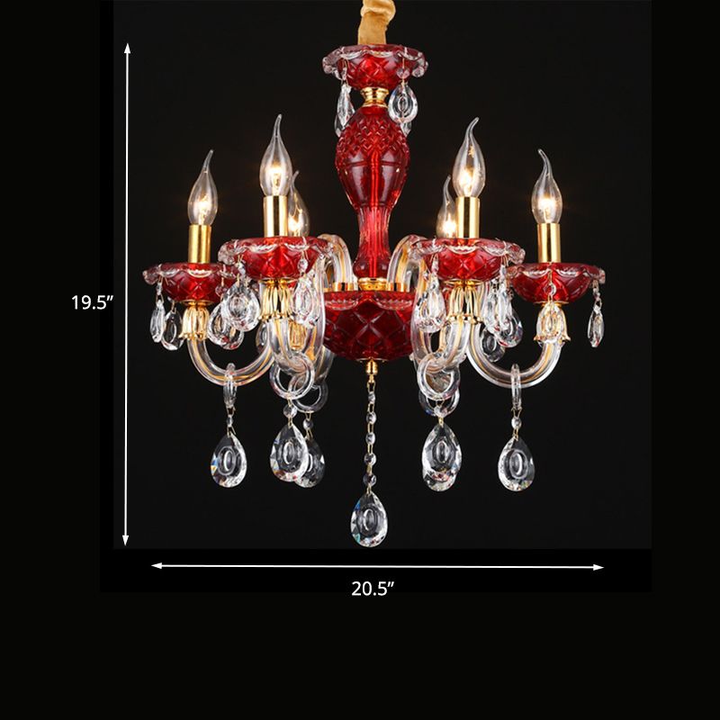 Candle Restaurant Hanging Lamp Kit Traditional Crystal Drip 6/8 Lights Red Chandelier Lighting