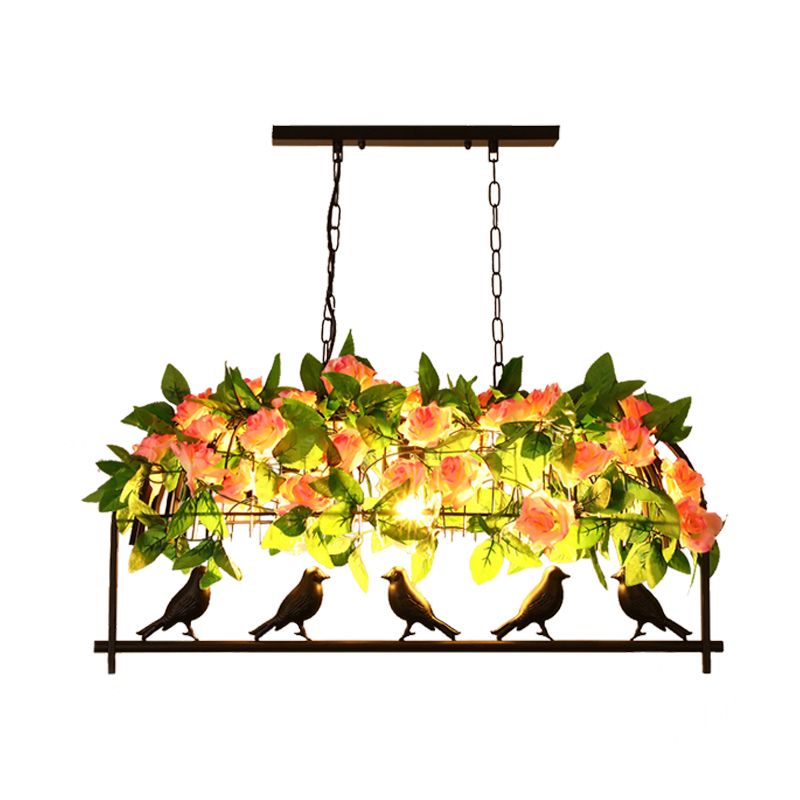 Industrial Birdcage Island Light Fixture 1/3-Light Iron Down Lighting Pendant in Black with Rose Decoration
