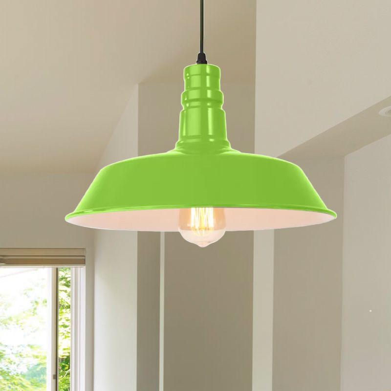 Metal Barn Shade Hanging Lamp Retro Style 1 Bulb Living Room Ceiling Pendant Fixture in Pink/Yellow, 10"/14"/18" Diameter