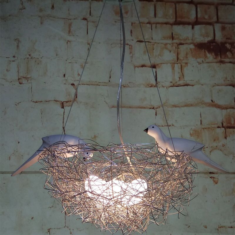 Aluminum Nest-Like Pendant Light Decorative Children Room LED Suspension Lamp with Bird Design in Silver