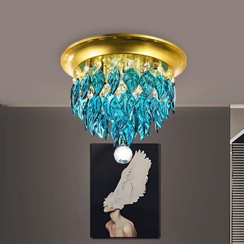 Leave Flush Mount Lamp Modern Style Clear/Clear and Blue/Lake Blue Crystal 4 Bulbs Sleeping Room Ceiling Light in Gold