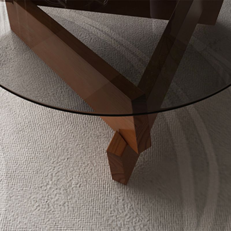 Modern Round Glass Top Coffee Table with Abstract Wooden Leg