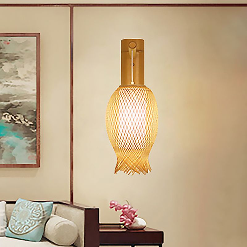 Weave Sconce Contemporary Bamboo 1 Bulb Wood Wall Light Fixture with Inner White Cylinder Parchment Shade