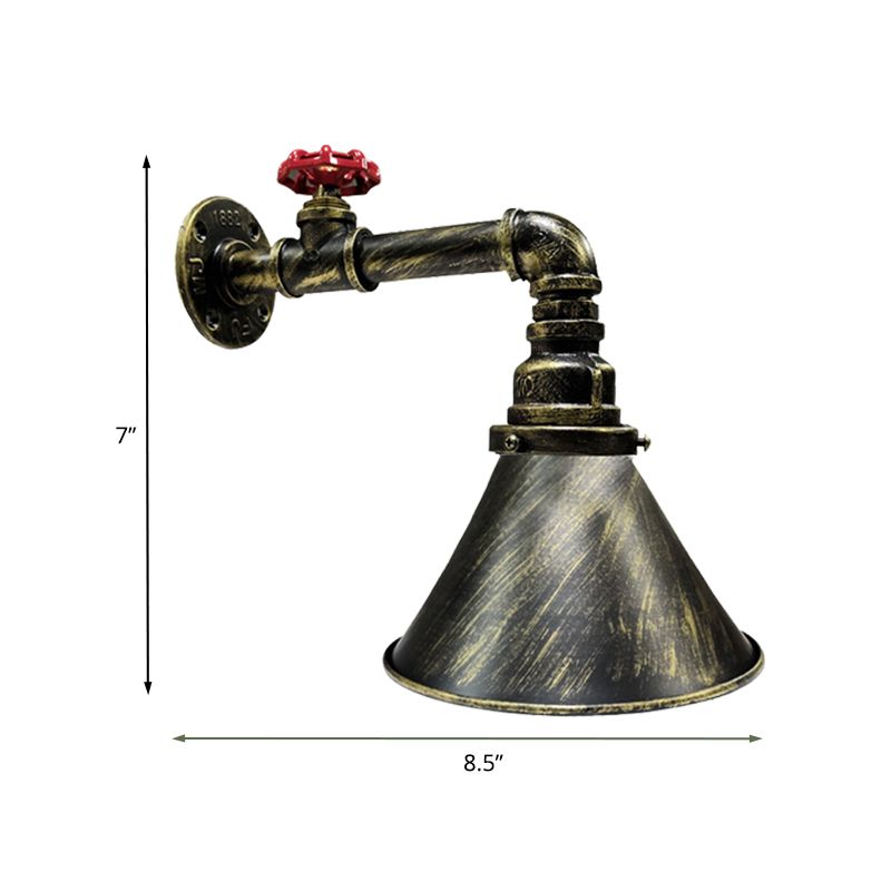 Iron Bronze Sconce Lighting Vintage Conical 1-Head Industrial Wall Lamp Fixture with Red Valve Deco