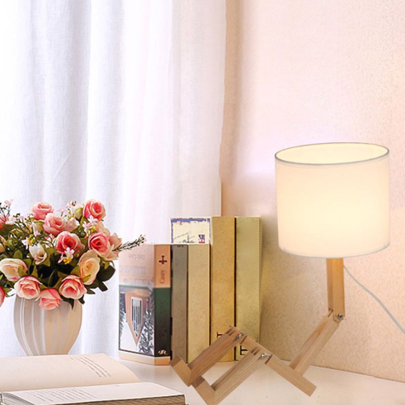 Man-Shaped Table Lamp Novelty Modern Wood Single Beige/Black/White Night Light with Book Rack Design and Cylinder Fabric Shade