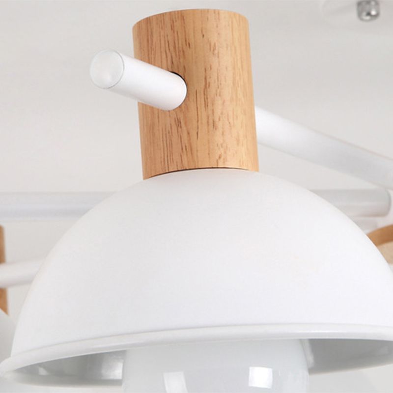 Metallic Bowl Shade Ceiling Light Macaron Style 8-Light Wood Lighting Fixture for Bedroom