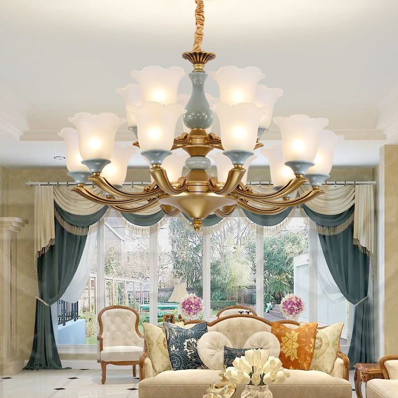 Frosted Glass Blue Chandelier Lighting Flared Classic Pendant Light with Ruffled Edge for Living Room