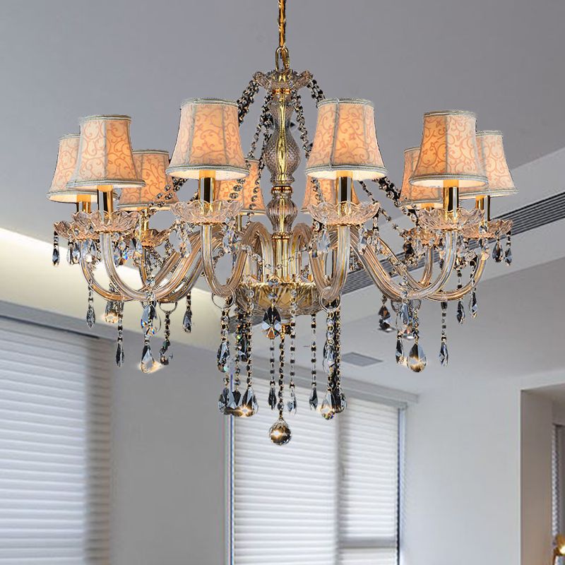 Armed Clear K9 Crystal Pendant Chandelier Rustic 6/8/10 Heads Beige Hanging Ceiling Light with Flared Fabric Shade