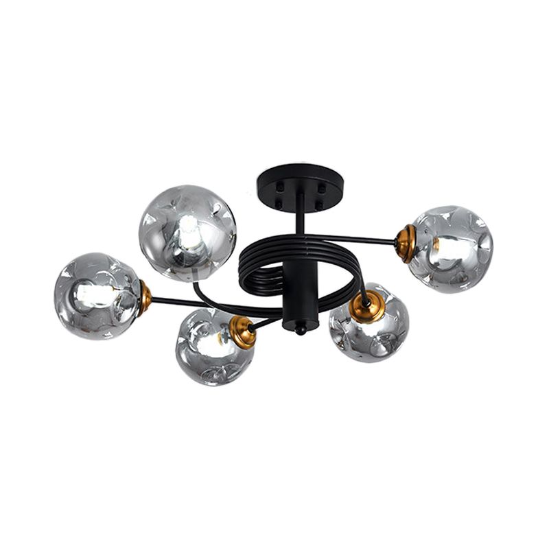 3/5 Lights Living Room Semi Flush with Ball Amber/Smoke Dimpled Blown Glass Shade Modernist Black Semi Flush Ceiling Light