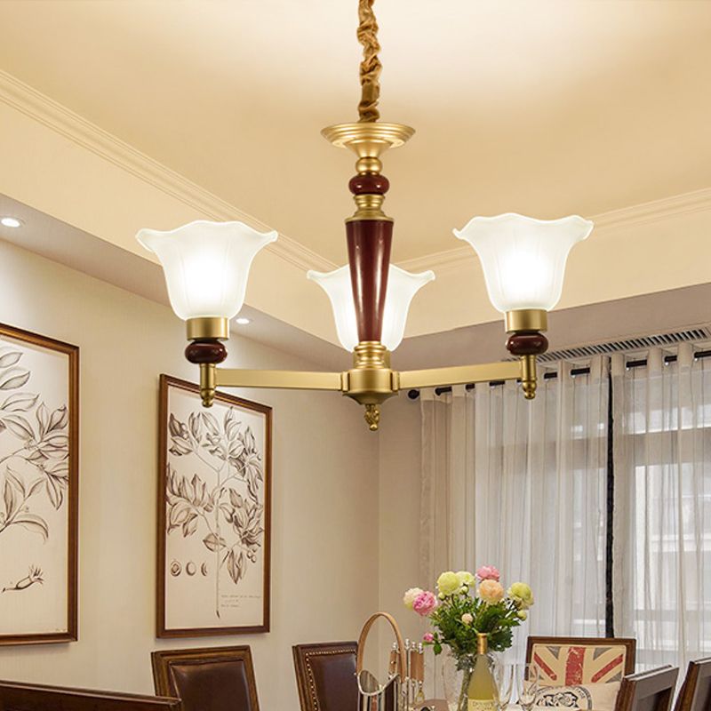 Frosted Glass Blossom Chandelier Light Rustic Style 3/6/8 Lights Living Room Suspension Pendant in Gold