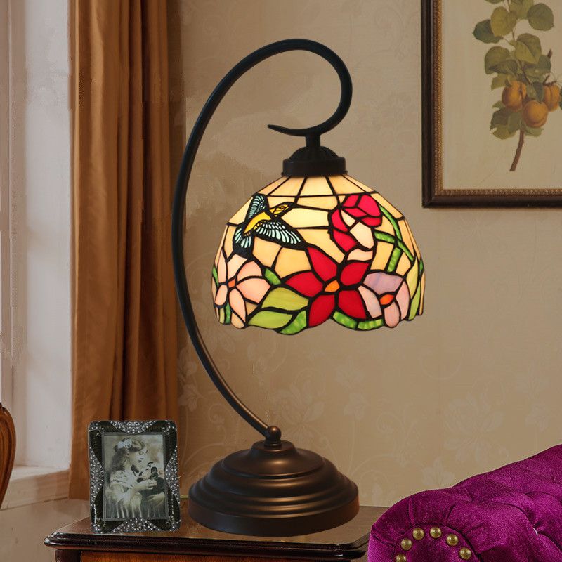 Red/Yellow 1 Light Night Table Lamp Tiffany Hand Cut Glass Domed Blossom Patterned Desk Lighting for Bedroom