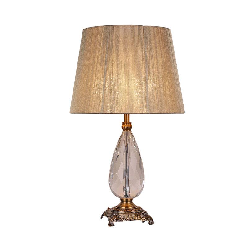 Lámpara de mesa de cristal Teardrop K9, lámpara de mesita de noche rural de 1 luz para dormitorio en color beige con pantalla plisada de tela