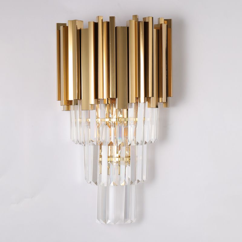 Contemporary Multi Layer Wall Lamp Metal and Crystal Prisms 2/3 Bulbs Wall Mounted Light in Brass