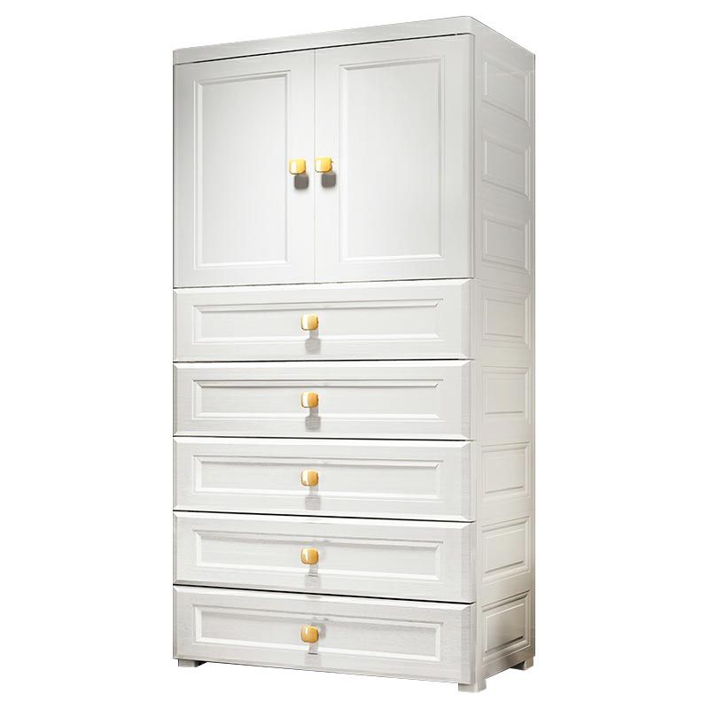 White Plastic Armoire, 2-Door Wardrobe With 2-Drawers and Clothing Rod