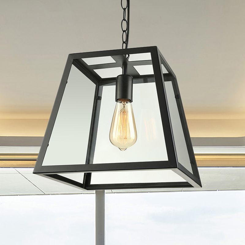 Industrial Trapezoid Pendant Lighting 1 Light Clear Glass Hanging Light Fixture in Black, 7" /12" Wide