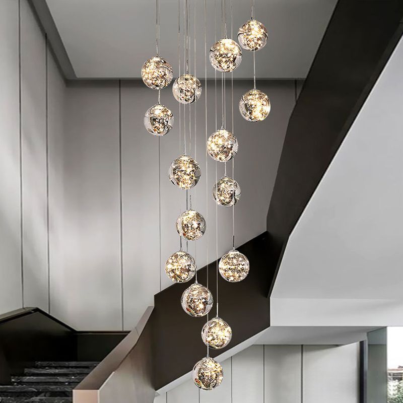 Moderno lampada sospesa sferica a pendente a pendente a 15 luci a 15 luci con tonalità di vetro per le scale