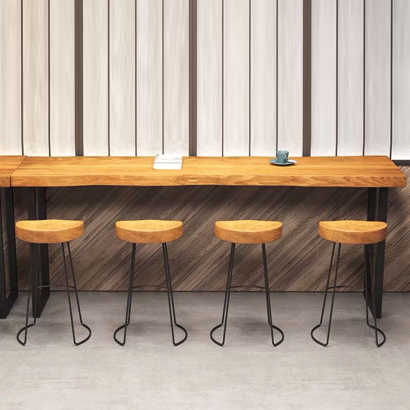 Light Brown Solid Wood Top Bar Table with Black Sled Modern Pub Table for Small Places