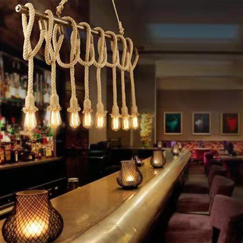 Brown Coffee Shop Island Pendant Light in Industrial Classic Style Wrought Iron Ceiling Light with Hemp Rope