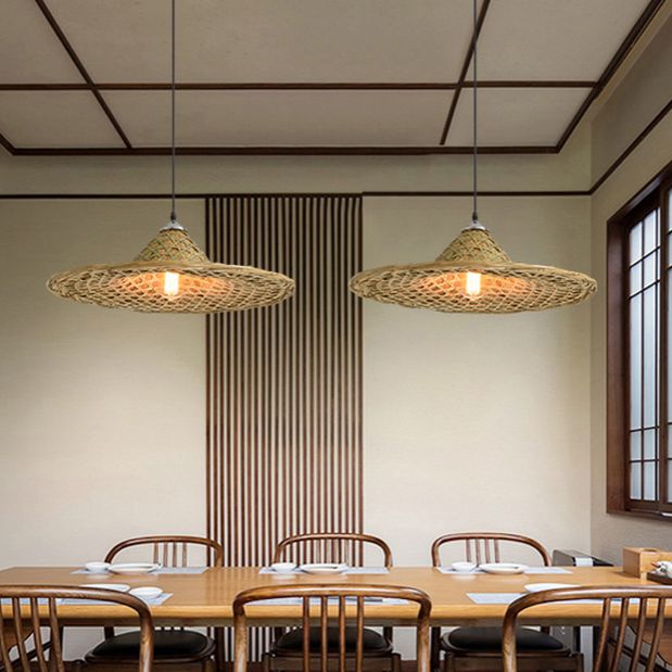 Straw Hat Suspension Lighting Asian Bamboo 1 Bulb Beige Ceiling Pendant for Restaurant