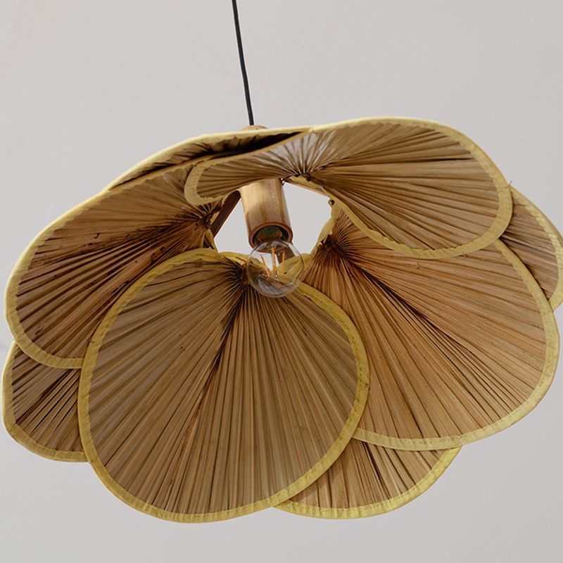 Cattail Fan Bamboo Pendant Light Chinese Style 1-Light Wood Suspension Lighting for Foyer