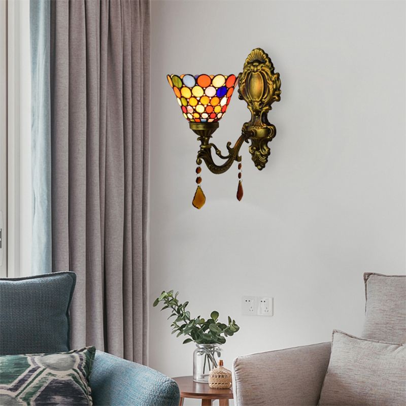 Glass Dot Bell Wall Light with Agate 1 Head Tiffany Moroccan Wall Sconce in Antique Brass for Stair