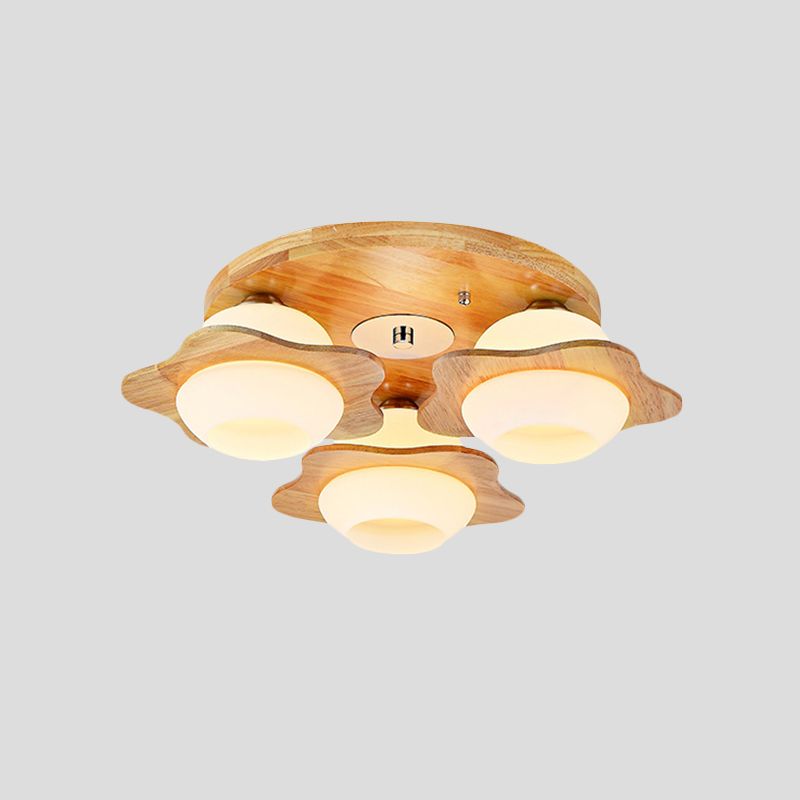 Trapped Floral Wood Flush Mount Modernist 3/5 Lights Beige Flush Lamp Fixture with Ball Frosted Glass Shade