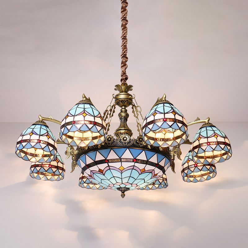 Blue 5/9/11 Lights Chandelier Light Fixture Tiffany Cut Glass Domed Shade Suspension Pendant