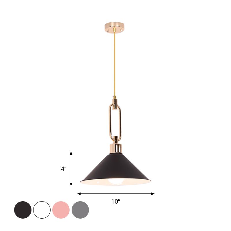 Rolled-Edge Cone Pendant Lamp Macaron Metal 1 Bulb Pink/Grey/White Hanging Ceiling Light with Buckle Top