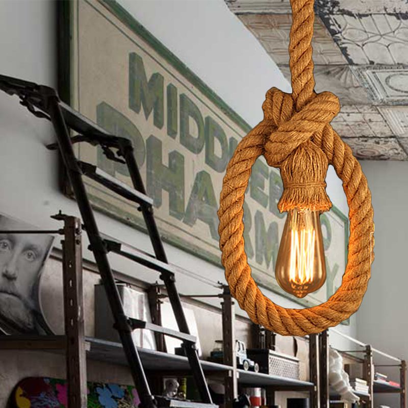 1 Head Natural Rope Pendant Lighting Lodge Beige Open Bulb Restaurant Adjustable Ceiling Light Fixture